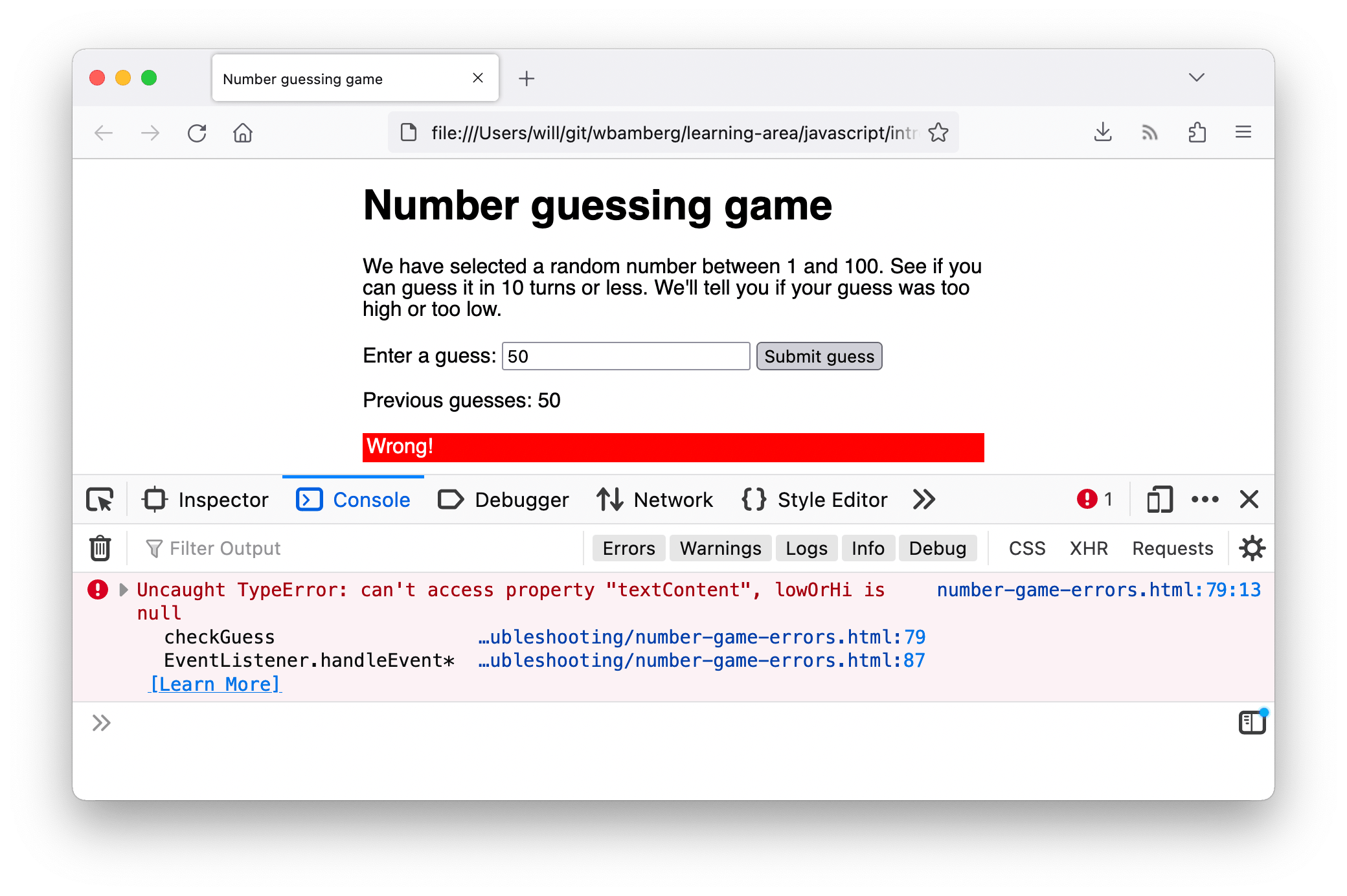 Screenshot von derselben "Number guessing game" Demo. Dieses Mal ist ein anderer Fehler in der Konsole sichtbar, der "X TypeError: lowOrHi is null" lautet.