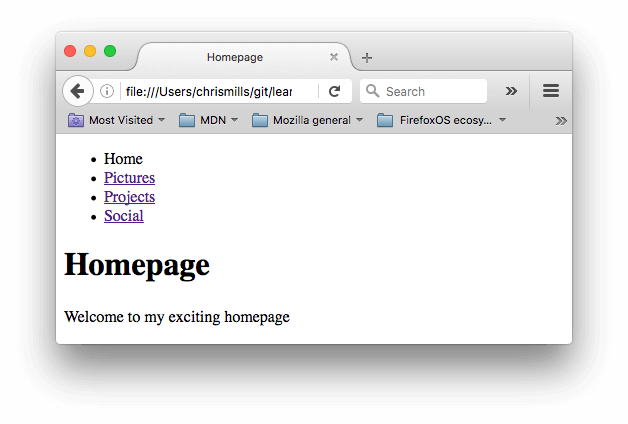 Ein Beispiel für ein einfaches HTML-Navigationsmenü, mit Startseite, Bilder, Projekte und soziale Menüelemente