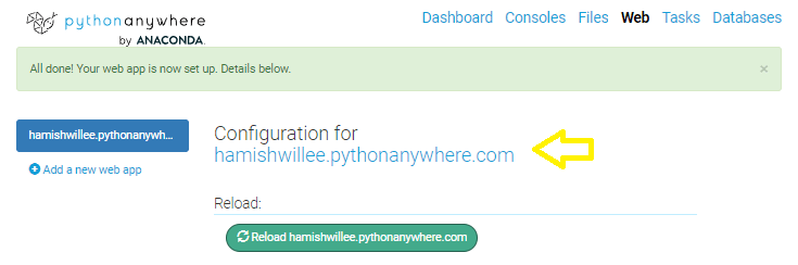 PythonAnywhere-Bildschirm mit hervorgehobenem Link zum Starten der Site