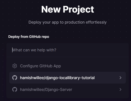Railway-Website-Bildschirm, der ein Dialogfeld zum Auswahl eines bestehenden GitHub-Repositorys oder zum Auswählen eines neuen anzeigt