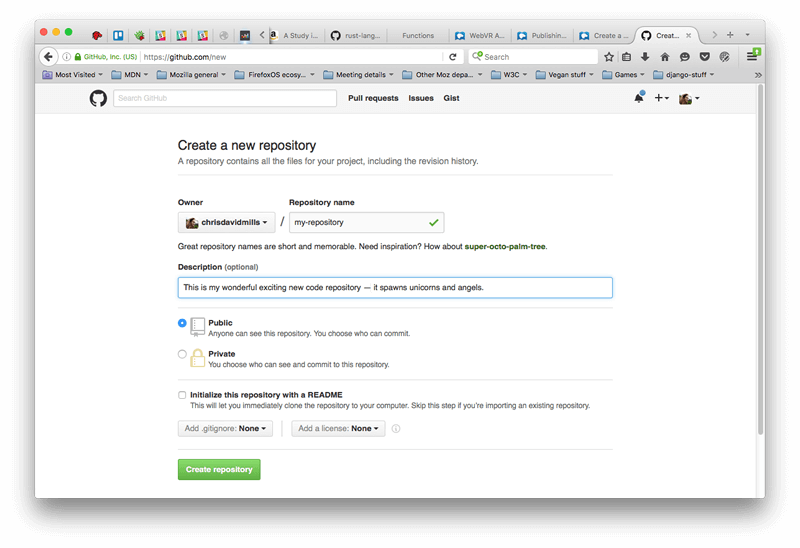 Neue Repository-Seite im Browser geöffnet, Felder für Repository-Besitzer und -Name ausgefüllt, gleiches gilt für das optionale Beschreibungsfeld. Die Checkbox für öffentlich ist ausgewählt, die für privat nicht, ebenso wenig wie die Option, dieses Repository mit einem Readme zu initialisieren.