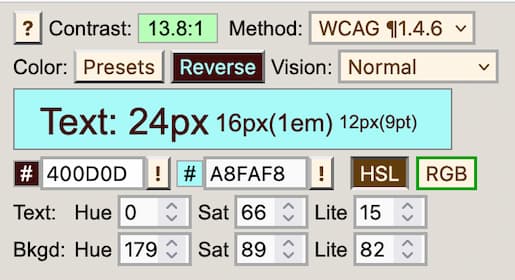 Farbwähler mit HSL und RGB, mit Farbkontrastwerten.
