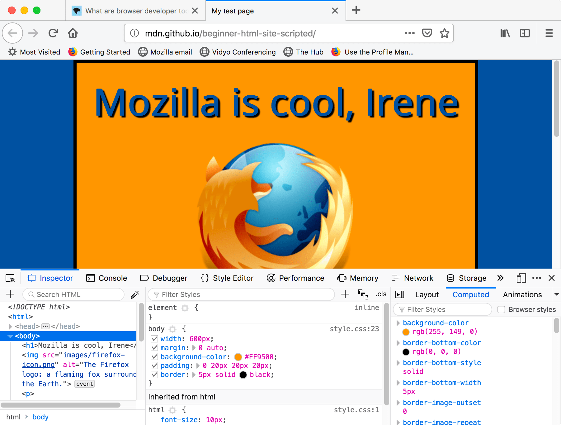 Screenshot of a browser with developer tools open. The web page is displayed in the top half of the browser, the developer tools occupy the bottom half. There are three panels open in the developer tools: HTML, with the body element selected, a CSS panel showing styles blocks targeting the highlighted body, and a computed styles panel showing all the author styles; the browser styles checkbox is not checked.