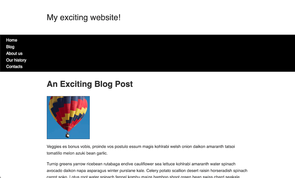 レイアウト課題の出発点。要素はきれいにレイアウトされていません。左側に5つのリンクがある黒いナビバーの上にウェブサイトのタイトルがあり、以下ブログ記事のタイトルと記事コンテンツが続きます。ブログタイトルとブログコンテンツの間には、左側に配置された写真があります。