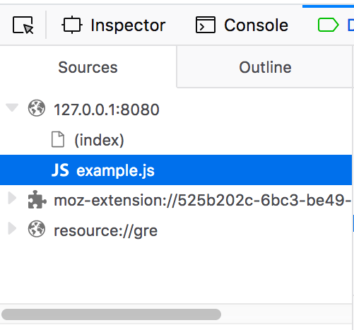 ブラウザー開発者ツールのデバッガータブのソースペインのスニペット。デバッグしている現在のページに関連するファイルは、現在のブラウザータブで開くためのサイトの URL と同じ名前のフォルダー内に表示されます。